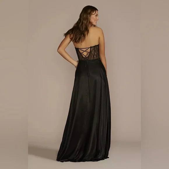 Blondie nites Strapless Illusion Lace Applique Satin A-Line brand new sz 5 black